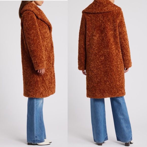 Sam Edelman Shawl Collar Faux Shearling Coat in Cognac Brown Long Teddy XL $240 - Picture 3 of 14